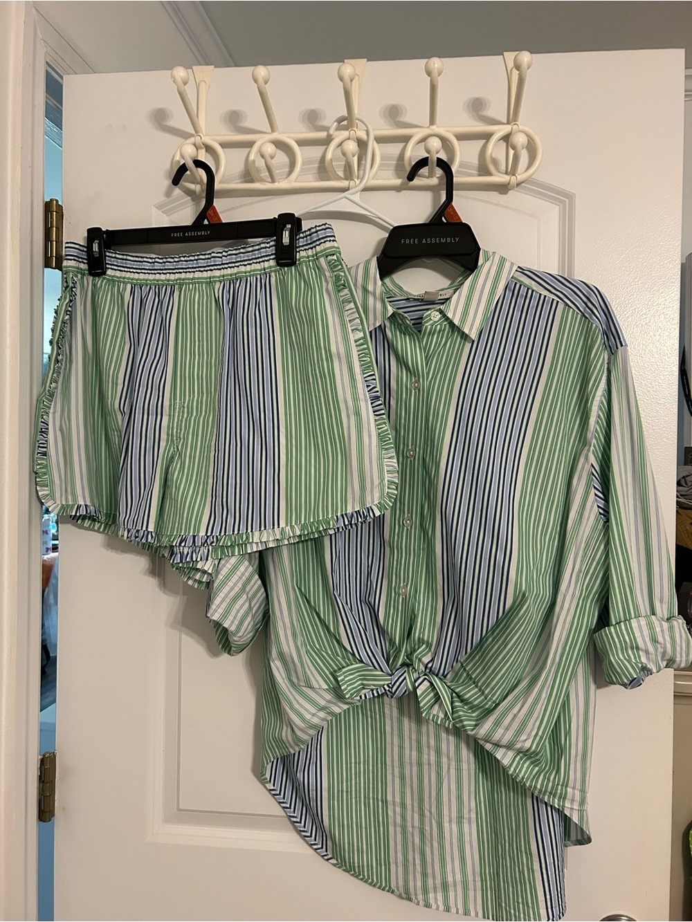 Striped Button-Front Shirt & Shorts Set - Green Blue White